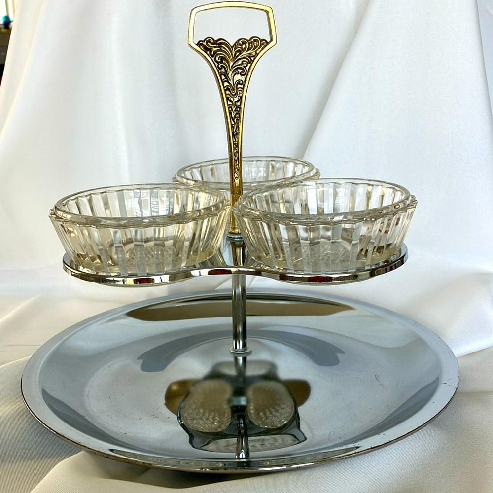 KROMEX MCM Chrome RelishTray With 3 Crystal Bowls On Chrome Lazy Susan